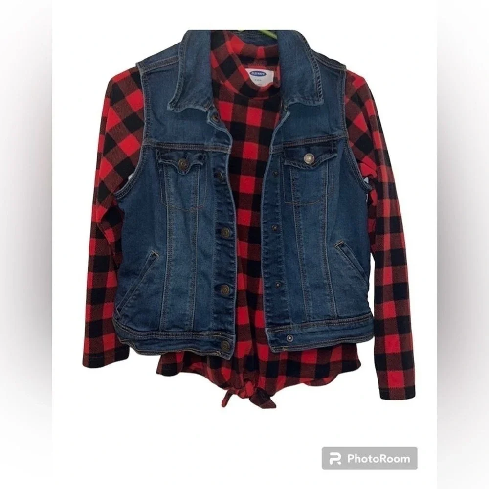 Old Navy Girls Denim Vest Red Buffalo Plaid‎ fleece 14/16  Woodsy valentines